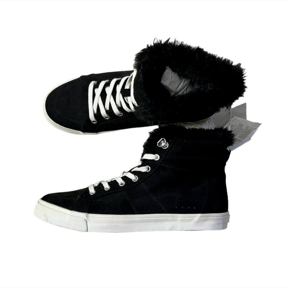 Old Navy Women High Top Suede  Black Fur-Lined Sneakers Size 10
